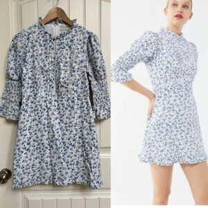 Laura Ashley x Urban Outfitters Maisy White Blue Floral High Neck Mini Dress. L